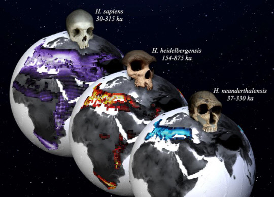 IBS 기후물리연구단은 기후모델 시뮬레이션을 통해 기후변화가 인류 진화에 근본적인 영향을 줬다는 사실을 밝혀냈다. 호모 사피엔스(맨 왼쪽부터), 호모 하이델베르겐시스, 호모 네안데르탈렌시스가 선호한 서식지 모습. IBS 제공